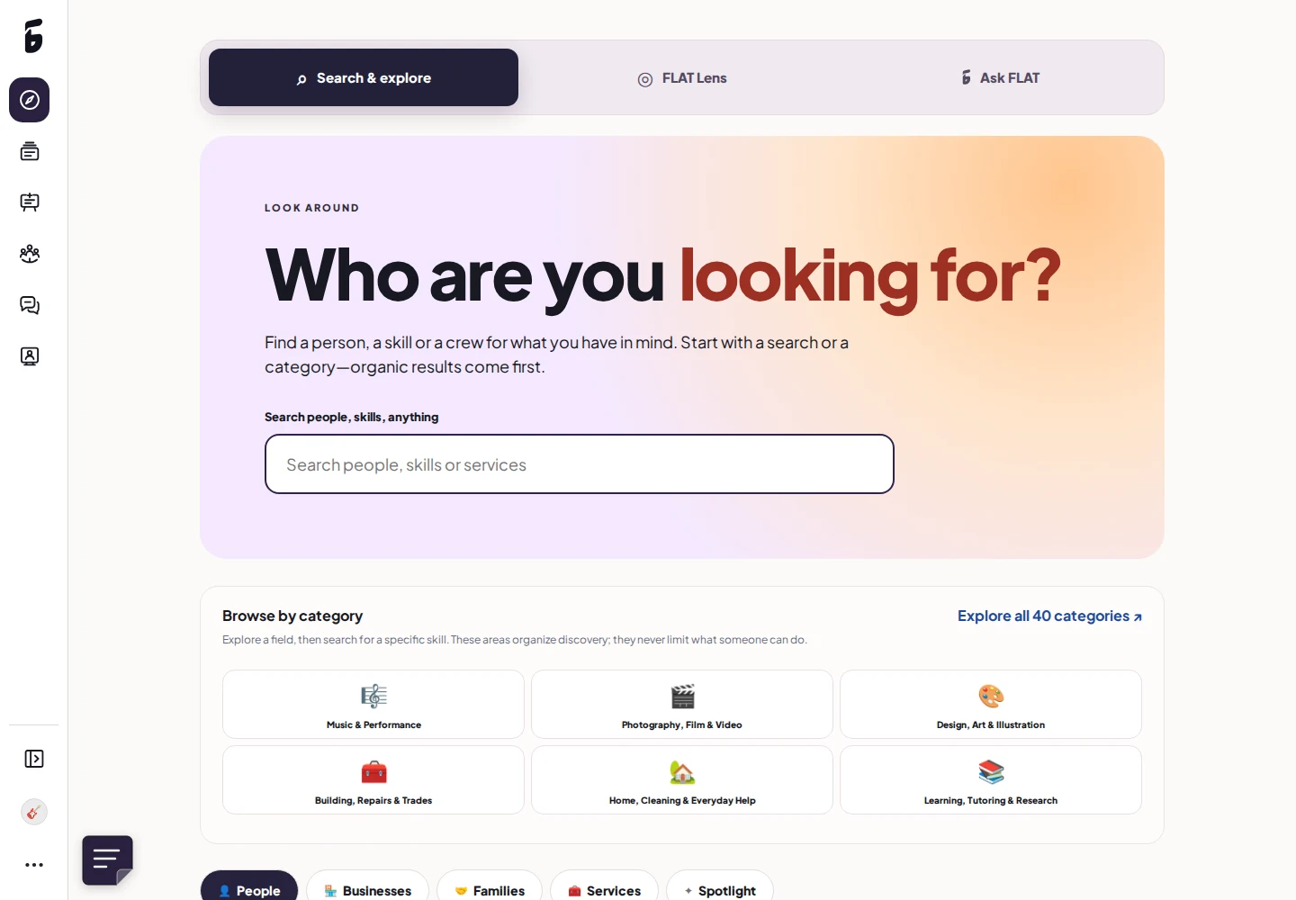 FLAT’s Discover screen with its icon sidebar, a search for people and skills, and local talent categories.